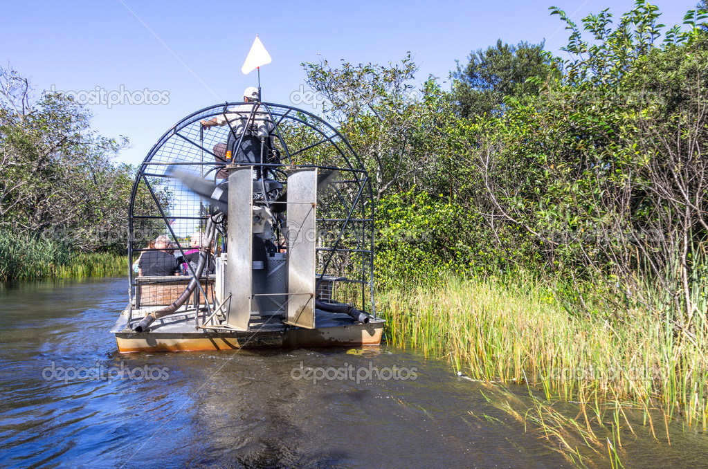 Boat touring through a green Louisiana swamp